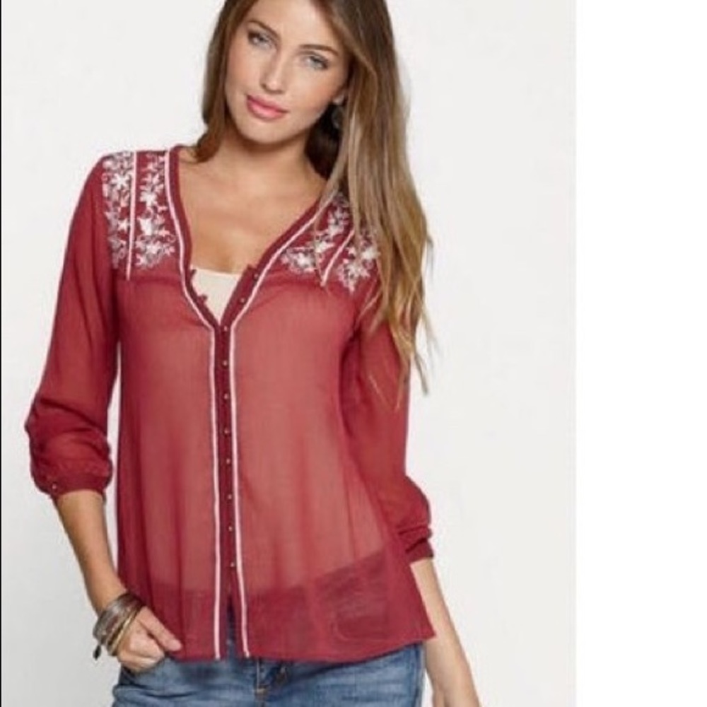 Sheer Burgundy with White Embroidered Floral Boho